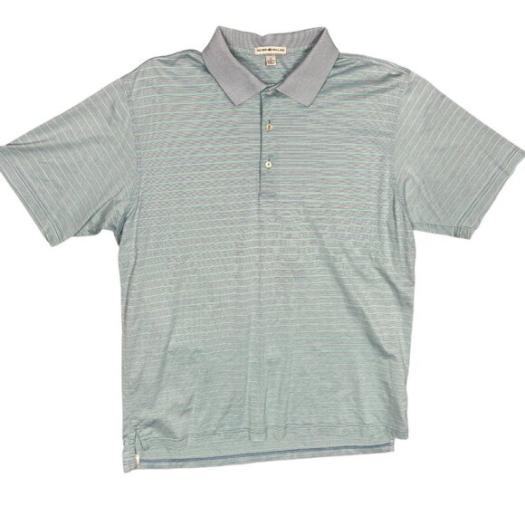 Peter Millar Polo Shirt Short Sleeve Blue/Green Striped 100% Cotton Large - Picture 1 of 6